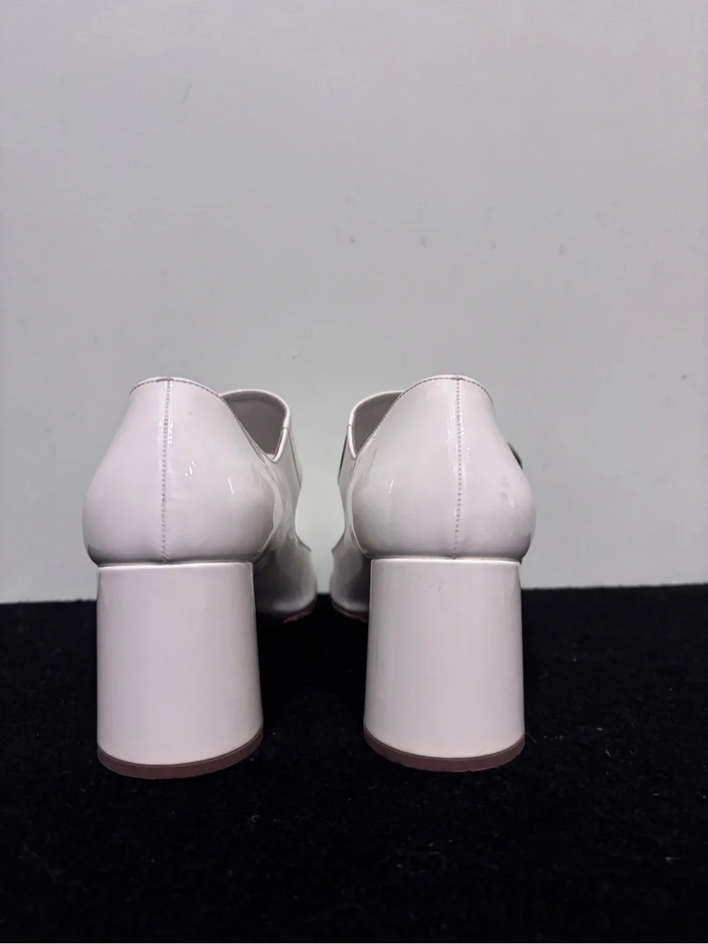 Prada White Patent Mary Jane Block Heel Pumps with Silver Floral Buckle